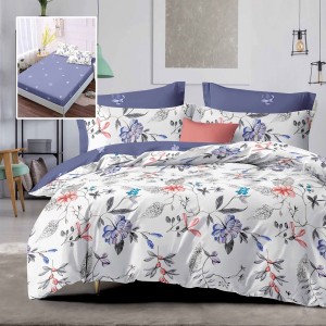 Lenjerie finet cu elastic si imprimeu flori acuarela, 6 piese, pat modern.