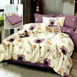 Lenjerie finet cu elastic 6 piese cu flori mov, cearceaf pilota 200x220 cm
