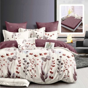 Lenjerie finet cu elastic 6 piese Fluturi si flori bordo pe fundal crem, cearceaf pilota 200x220 cm
