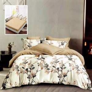 Lenjerie finet cu elastic 6 piese cu Frunze bej/gri pe fundal crem,cearceaf pilota 200x220 cm