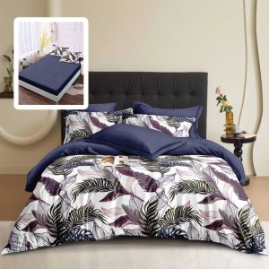 Lenjerie finet cu elastic 6 piese Frunze tropicale Bleumarin/Violet, cearceaf pilota 200x220 cm