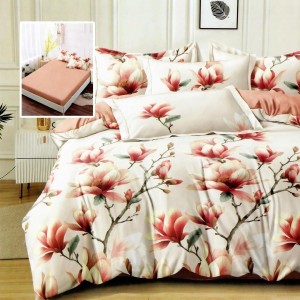 Lenjerie finet cu elastic 6 piese cu flori de magnolie pe fundal crem,cearceaf pilota 200x220 cm