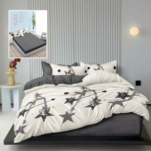 Lenjerie de pat din finet cu elastic, design stele gri pe fundal alb si gri