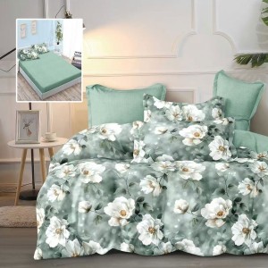 Lenjerie de pat din finet cu elastic, imprimeu verde cu flori albe elegante