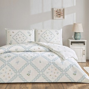 Set lenjerie de pat dublu Elyon TAC din bumbac 100 % ranforce, imprimeu lăcrămioare bleu și fluturi pastel