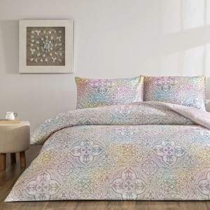 Set lenjerie de pat dublu Nevora TAC din bumbac 100 % ranforce, imprimeu mozaic pastel pe fond ivoire