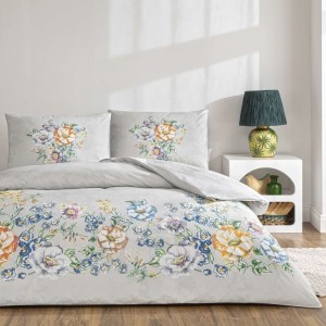 Lenjerie pat dublu din bumbac 100% ranforce Taç Fiora Gri, cu imprimeu floral pastelat pe fundal gri deschis