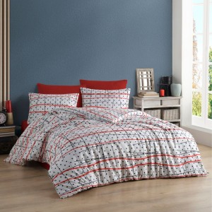 Lenjerie de pat dublu bumbac 100% ranforce model Lara cu design modern în nuanțe de roșu, negru și alb