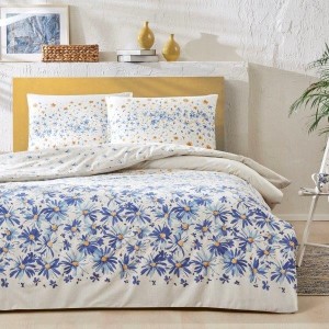 Lenjerie de pat Tac din bumbac 100% ranforce, design floral în alb, albastru și galben, cu margarete delicate