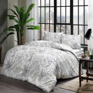 Lenjerie de pat model floral alb-negru pe fundal alb, pat dublu, din bumbac 100% ranforce, Tac Jamie