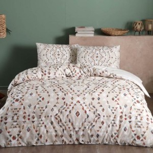 Lenjerie de pat dublu bumbac 100% ranforce cu design geometric în nuanțe de bej și maro, set de 4 piese