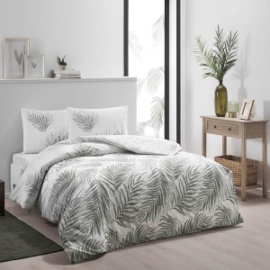 Lenjerie de pat Lenora Yesil din bumbac 100% ranforce cu design de frunze în nuanțe de verde și alb, TAC