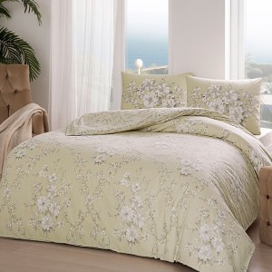 Lenjerie de pat dublu cu design floral delicat în bej și alb, bumbac 100% ranforce
