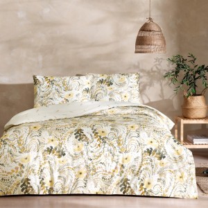 Lenjerie de pat TAC Monroe din bumbac 100% ranforce, design floral în nuanțe de galben și verde