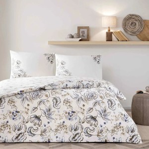 Lenjerie de pat TAC Norah din bumbac ranforce cu motive florale în nuanțe de albastru și gri, ideală pentru confort și eleganță
