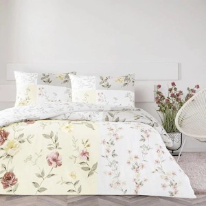 Lenjerie de pat Sandra Ecru TAC cu model floral delicat pe fundal ecru, ideală pentru un somn odihnitor și stilat