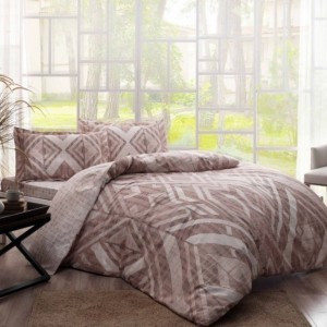 Lenjerie de pat satin de lux Avril cu design geometric alb pe fundal maro, set de 4 piese