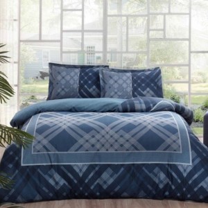 Lenjerie de pat satin de lux Luana cu design geometric alb pe fundal albastru, set de 4 piese