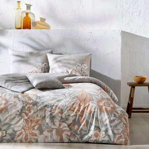 Lenjerie de pat dublu bumbac 100%, TAC Reborn, Lana, design floral portocaliu-verde pe fundal gri, 4 piese, dormitor elegant și sustenabil.