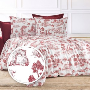 Lenjerie de pat dublu cu peisaj rustic bordo, din bumbac 100% creponat, set de 4 piese.