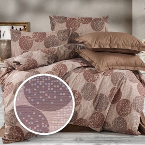 Lenjerie de pat dublu cu cercuri maro, material bumbac creponat, set 4 piese cu elastic