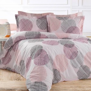Lenjerie de pat dublu creponata cu elastic 140x200 cm din bumbac,cu cercuri in nuante de gri si roz, set 4 piese.