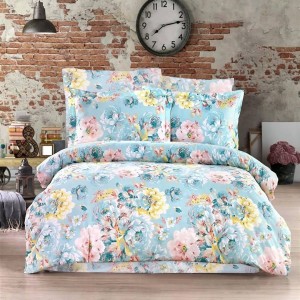 Lenjerie de pat dublu creponata cu elastic 140x200 cm din bumbac,cu model floral colorat, set 4 piese.