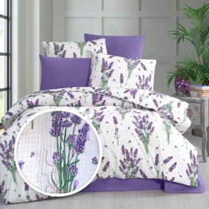 Lenjerie pat dublu creponata 160x200 cm bumbac,flori de lavanda, set 4 piese pentru saltea 160x200 cm, design delicat si elegant.