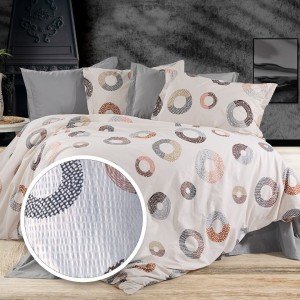 Lenjerie de pat dublu cu cercuri maro/gri, bumbac 100%, set 4 piese, cearceaf elastic pentru saltea 180x200 cm.