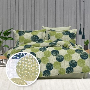 Lenjerie de pat dublu cu cercuri verzi, bumbac 100%, set 4 piese, cearceaf elastic pentru saltea 180x200 cm.