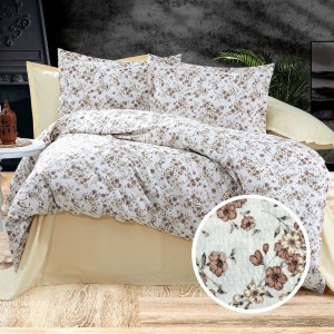 Lenjerie de pat dublu din bumbac 100% creponat cu imprimeu floral maro și bej, stil rustic
