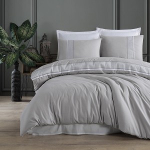 Lenjerie de pat dublu cu bordură jacquard, Clasy Home, design dungi și bordură gri-alb - Tulkas V1