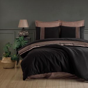 Lenjerie de pat dublu cu bordură jacquard, Clasy Home, design dungi și bordură negru-maro - Tulkas V2