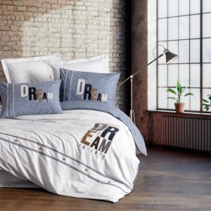 Lenjerie pat dublu bumbac 100% ranforce, model Forever Gri Cotton Box, cu broderie „DREAM FOREVER” în relief și perne contrast denim