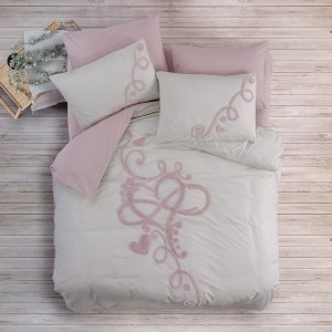 Lenjerie de pat Cotton Box Bellini Pink, bumbac 100% ranforce, broderii în relief, set 6 piese, culori roz și crem.