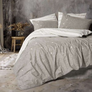 Lenjerie pat dublu bumbac 100% ranforce Cotton Box Moke Bej/Gri, cu broderie frunze albe și verso cu dungi subțiri pe fond crem