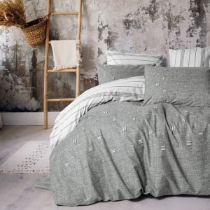 Lenjerie pat dublu bumbac 100% ranforce Patara Gri, cu broderie linii gri și verso în dungi gri,