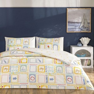 Set lenjerie de pat dublu Vario TAC din bumbac 100 % ranforce, imprimeu marin colorat și cearșaf cu elastic