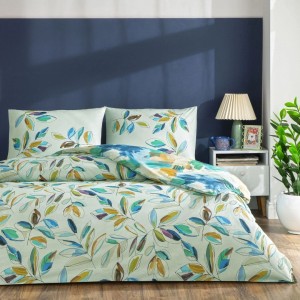 Set lenjerie de pat dublu Liora TAC din bumbac 100 % ranforce, imprimeu frunze acuarelă multicolor pe fond verde-salvie, cearșaf cu elastic