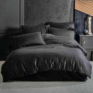Set lenjerie de pat dublu, negru damasc, 6 piese, lux și confort, ideal pentru ospitalitate