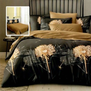Set lenjerie de pat finet 6 piese papadii aurii pe fundal negru, cearceaf pilota 200x220 cm