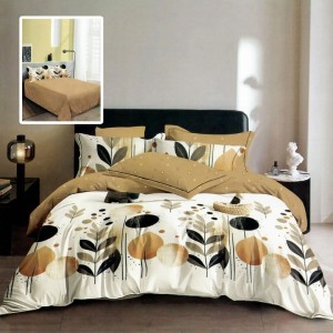 Set lenjerie de pat finet 6 piese cu cercuri si frunze bej negru pe fundal crem, cearceaf pilota 200x220 cm