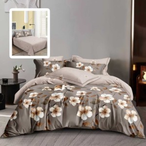Set lenjerie de pat finet 6 piese cu flori crem/maro, cearceaf pilota 200x220 cm