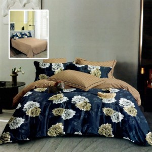 Set lenjerie de pat finet 6 piese cu flori crem si alb pe fundal bleumarin, cearceaf pilota 200x220 cm