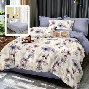 Set lenjerie de pat finet 6 piese cu  flori lila mov pe fundal crem, cearceaf pilota 200x220 cm