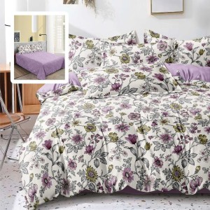 Set lenjerie de pat finet 6 piese floral mov verde pe fundal crem, cearceaf pilota 200x220 cm