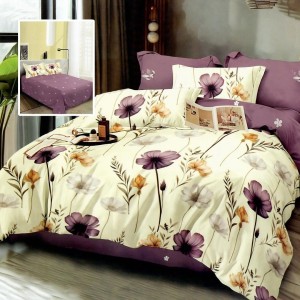 Set lenjerie de pat finet 6 piese cu flori mov, galben pe fundal crem, cearceaf pilota 200x220 cm