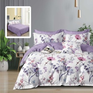 Set lenjerie de pat finet 6 piese cu flori lila roz pe fundal crem, cearceaf pilota 200x220 cm