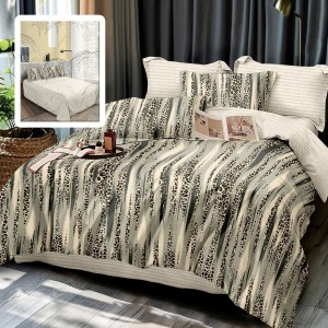 Set lenjerie de pat finet 6 piese animal print cu dungi gri-bej, cearceaf pilota 200x220 cm