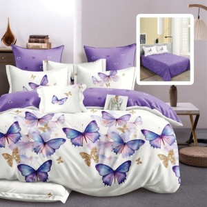 Set lenjerie de pat finet 6 piese cu fluturi lila si auriu pe fundal alb, cearceaf pilota 200x220 cm